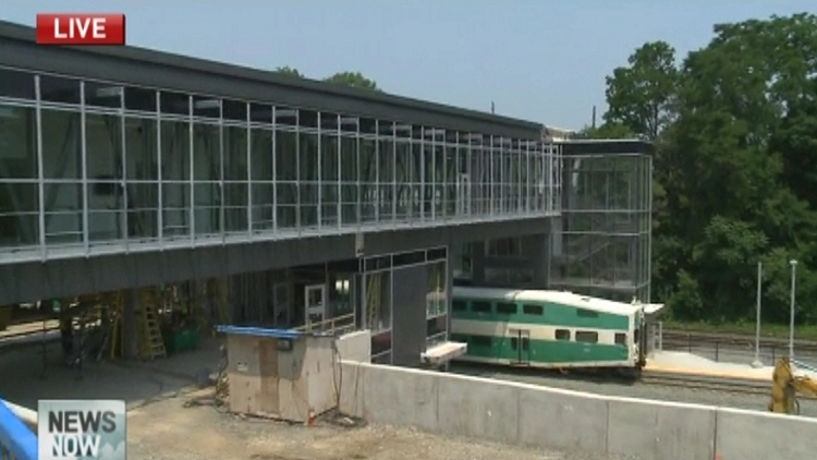 GO Train at new West Harbour station; Hamilton, July 6, 2015